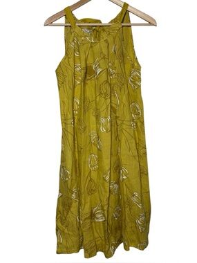 Bella Umbra Halter Dress XL Linen Yellow Floral Tie Shoulder Italy Lagenlook